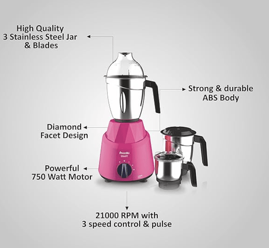 Preethi Galaxy MG225 Mixer Grinder, 750 watt, Pink, 3 Jars, Vega W5 Motor with 5yr Warranty & Lifelong Free Service |Plastic