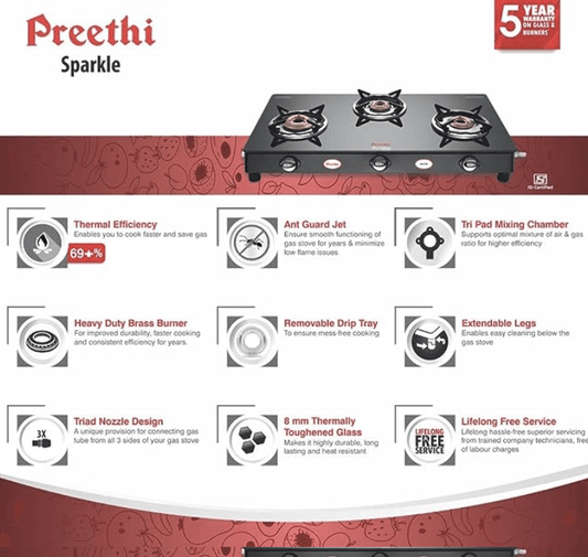Preethi Blu Flame Sparkle Glass top 3 Burner Gas Stove, Manual Ignition, Black ((ISI Certified), GTS 104