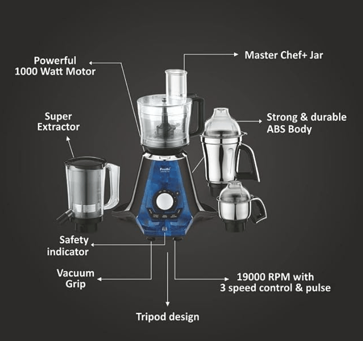 Preethi Zodiac 2.0 MG-255 Mixer Grinder, 1000 watt, Black/Blue, 4 Jars - Super Extractor juicer Jar & Master Chef Food Processor Jar, 2yr Guarantee & Lifelong Free Service