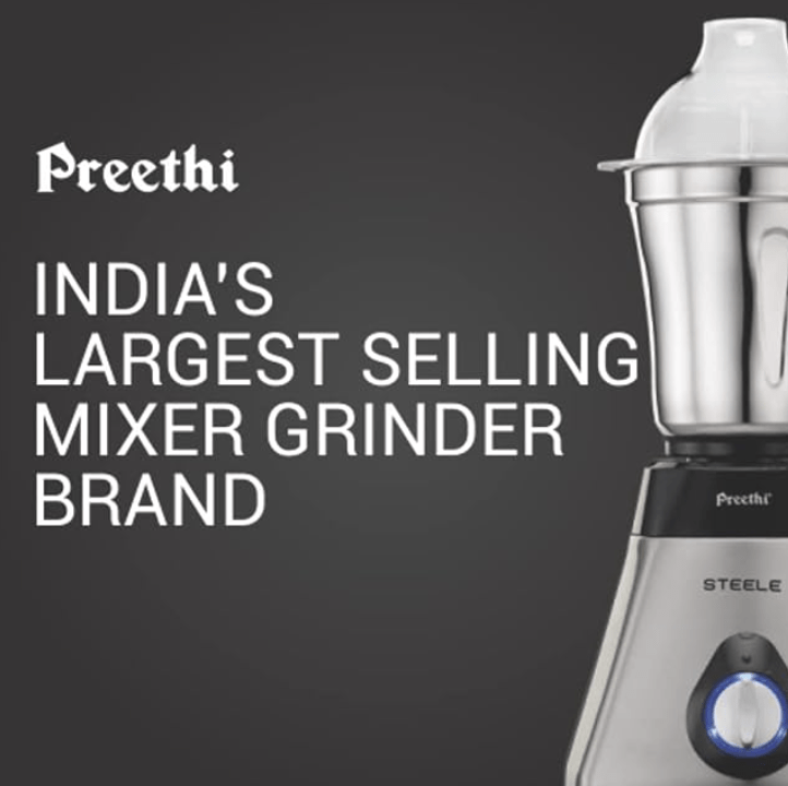 Preethi Steel Supreme MG-208 mixer grinder, 750 watt (Silver/ Black), 4 jars - Super Extractor juicer Jar, Vega W5 motor with 5yr Warranty & Lifelong Free Service