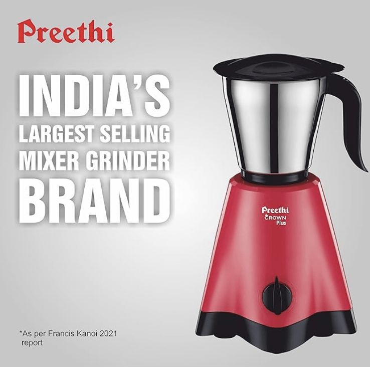 Preethi Crown Plus MG-258 Mixer Grinder, 600 Watt, White/Purple, 4 Jars - Super Extractor Juicer Jar with 5yr Motor Warranty & Lifelong Free Service (Acrylonitrile Butadiene Styrene)
