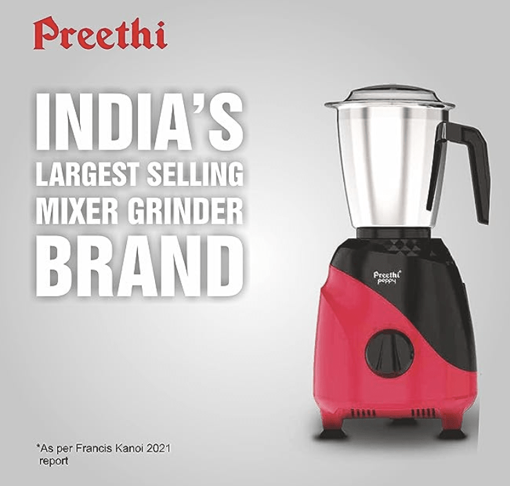 Preethi Peppy MG-245 mixer grinder, 750 watt, Black & Red, 3 jars, Vega W5 Motor with 5yr Warranty & Lifelong Free Service
