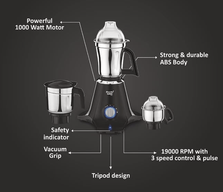 ப்ரீத்தி டாரஸ் ப்ரோ எம்ஜி-256 மிக்சர் கிரைண்டர், கருப்பு, 3 ஜாடிகள், 90 வினாடிகளில் சரியாக அரைக்க சக்திவாய்ந்த 1000 வாட் மோட்டார், ஷாக் ப்ரூஃப் ஏபிஎஸ் பிளாஸ்டிக் பாடி, 5 வருட மோட்டார் உத்தரவாதம் & வாழ்நாள் முழுவதும் இலவச சேவை