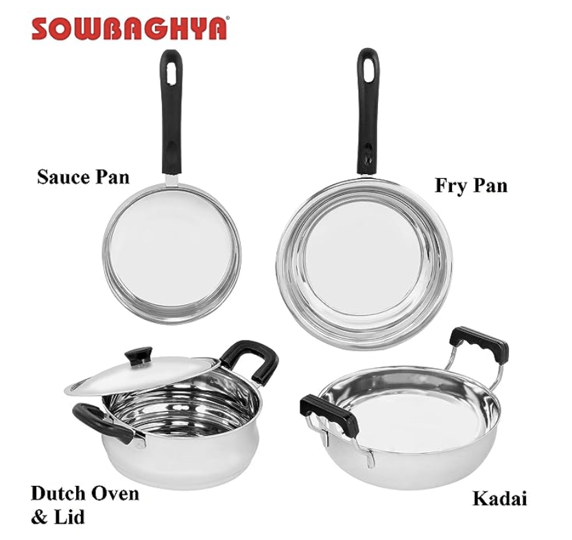 SOWBAGHYA Induction Base Stainless Steel Cookware Set (5 Pieces)|Saucepan,Fry Pan,Dutch Oven Pot With Lid,Kadai|Silver,Kadai / Saucepan / Cookware Set With Lid / Fry Pan|Gas Stove&Induction Friendly