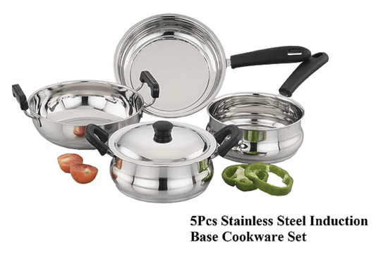 SOWBAGHYA Induction Base Stainless Steel Cookware Set (5 Pieces)|Saucepan,Fry Pan,Dutch Oven Pot With Lid,Kadai|Silver,Kadai / Saucepan / Cookware Set With Lid / Fry Pan|Gas Stove&Induction Friendly