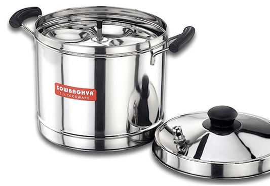 Sowbaghya Induction Base Stainless Steel Idli Maker (6 Plates) Silver Idly Cooker Pot | Induction and Gas Stove Compatible Idli Maker | Idly Maker with 6 Plates 24 idlis | Silver