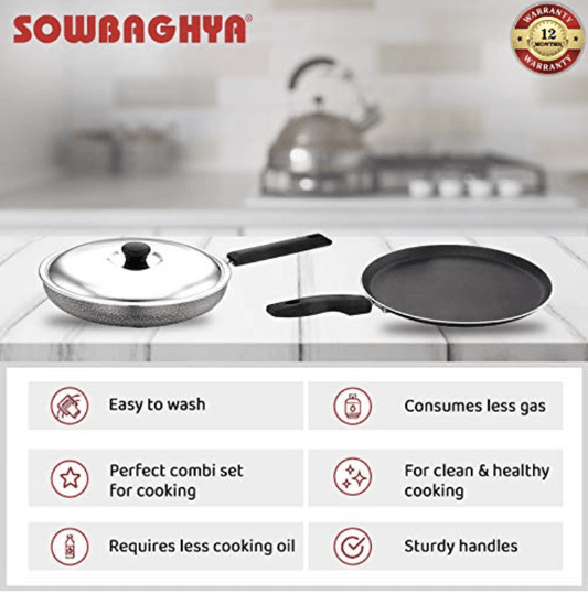 SOWBAGHYA Non Stick Breakfast Set (Dosa Tawa and Fry Pan with SS Lid) 2.6mm Thickness, Black | Non-Stick Cookware Set - Fry Pan & Tawa | Gas Compatible Cookware Combo Set Offer, 2 Piece