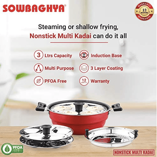 Sowbaghya Non Stick Induction Base Multi Kadai (2 Idli Plates + 1 Steamer Plate) (Dia: 250mm) (Thickness: 3mm) (3Ltr) | All-in-One Idli Cooker Multi Kadhai Steamer | Idli Maker with Steamer