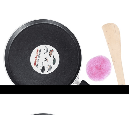 SOWBAGHYA Aluminium Non Stick Tawa, Black | Dosa Roti Chapati Pathiri Tawa | Aluminium Non Stick Flat Tawa | Gas Stove Compatible, Non Stick Coating