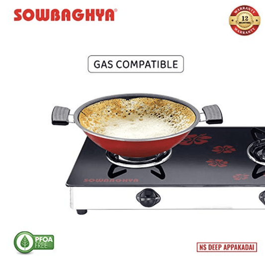 SOWBAGHYA Non Stick Aluminium deep Appakadai - Red, Dia : 220 mm, 2.6 mm Thickness Appamchatti/Appachatti | Non-Stick Aluminium Appachatty with Lid | Gas Compatible