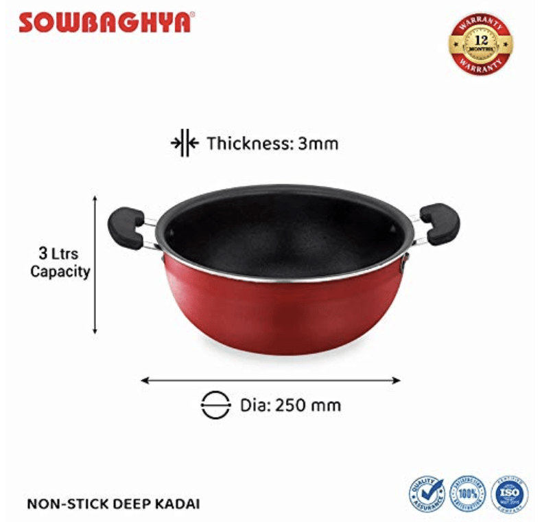 SOWBAGHYA एल्युमीनियम नॉन स्टिक डीप कड़ाही स्टेनलेस स्टील ढक्कन के साथ (3 लीटर, लाल और काला) ग्लास ढक्कन के साथ डीप कड़ाही | इंडक्शन कड़ाही | नॉन स्टिक कड़ाही | डीप फ्राई पैन