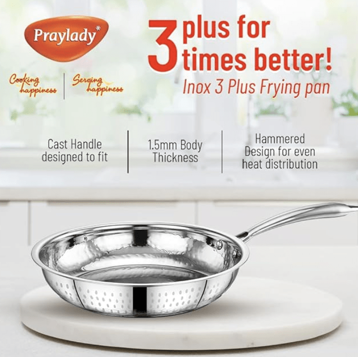 Praylady INOX 3+ Series Frypan | Stainless Steel Fry Pan 22 cm | Hammered Steel Frypan | Stainless Steel Cookware | Gas and Induction Compatible | Silver