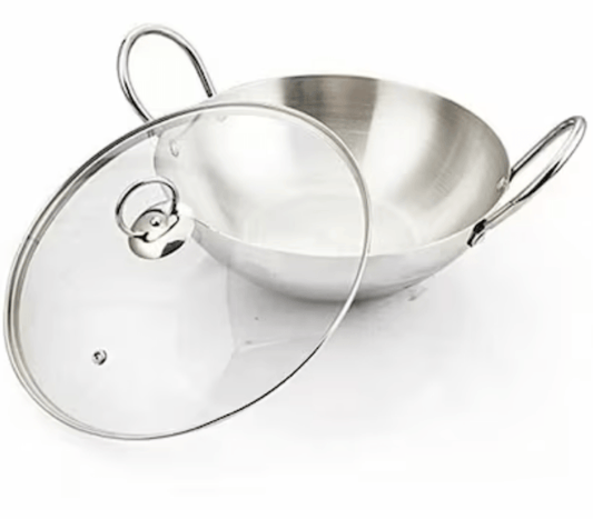 Praylady 50221 Stainless Steel Dura Kadhai with Glass Lid - 26 cm, Silver