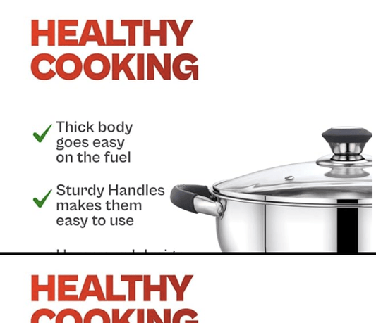 Praylady Ecstasy Series 3 Ply Base Kadai 24 cm | Stainless Steel Deep kadai with Glass Lid 3.0 L | Silver | Deep Kadai with See Through Lid | Deep Cooking |