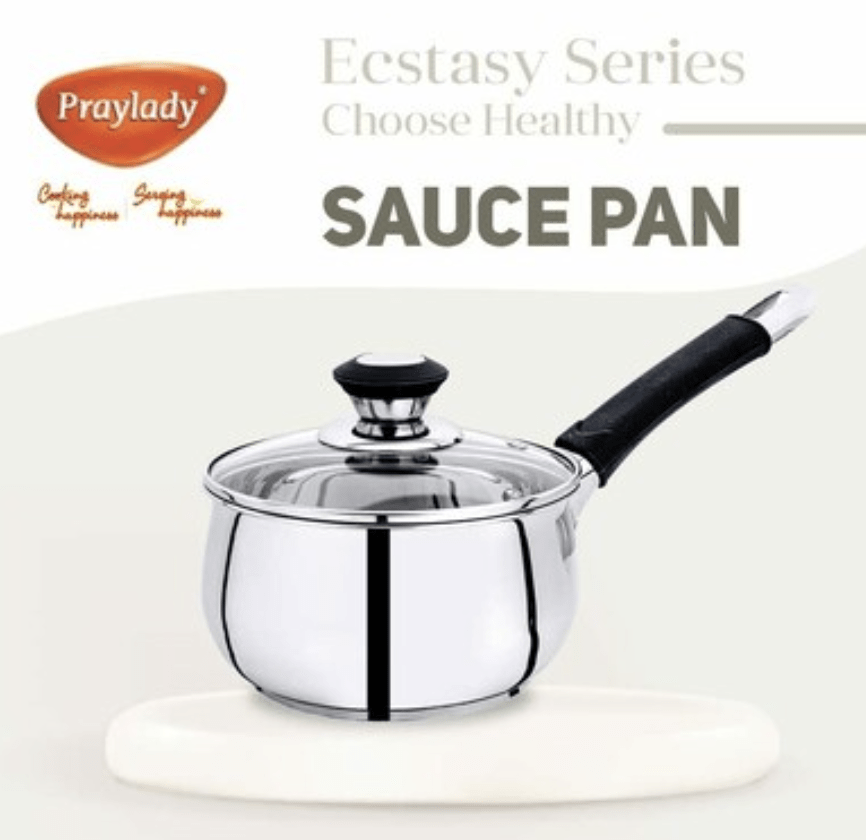 Praylady Ecstasy Series 3 Ply Base Sauce Pan 18 cm | Stainless Steel Sauce Pan with Glass Lid | 2.8 litres Capacity | Induction and Gas Stove Friendly | Milk Pan with Lid |