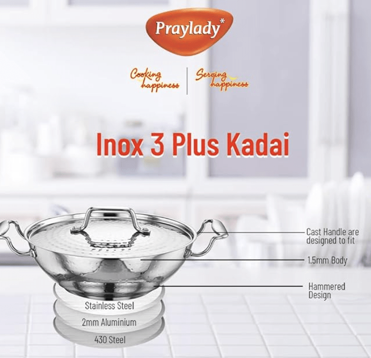 பிரேலேடி ஐநாக்ஸ் 3+ சீரிஸ் கடாய் - 26 செ.மீ | 3.0 லிட்டர் | கடாய் கூடுதல் ஆழம் | எஸ்எஸ் மூடியுடன் கூடிய சுத்தியல் செய்யப்பட்ட ஸ்டெயின்லெஸ் ஸ்டீல் கடாய் | பிளாட் இண்டக்ஷன் பாட்டம் கடாய் | இண்டக்ஷன் & கேஸ் ஸ்டவ் ஃப்ரெண்ட்லி | சில்வர்