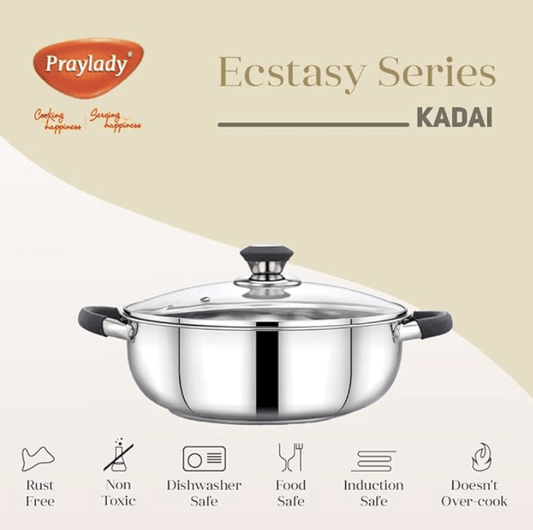Praylady Ecstasy Series 3 Ply Base Kadai 24 cm | Stainless Steel Deep kadai with Glass Lid 3.0 L | Silver | Deep Kadai with See Through Lid | Deep Cooking |
