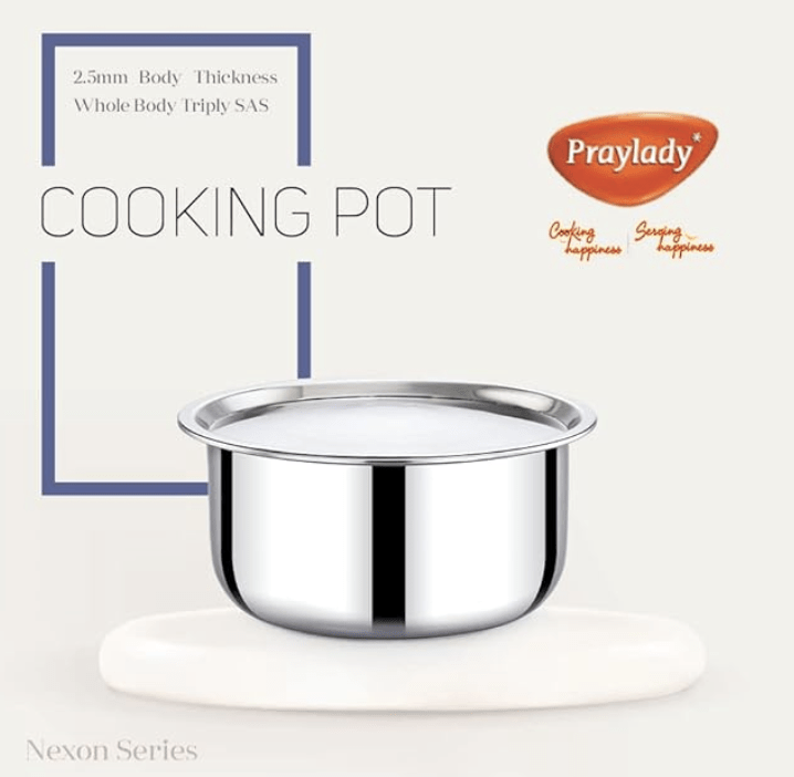 Praylady Nexon Series Triply Cooking Pot With Lid | Stainless Steel Handi Casserole without Handle | Cooking Vessel for Kitchen | Tri-Ply Bottom | Deep Kadai With Lid | Induction & Gas compatible | Silver