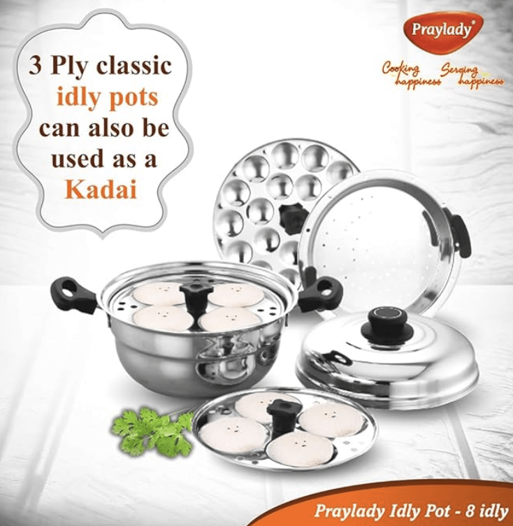 Praylady Multi Idli Pot With Stainless Steel Lid | Multi - Kadai | Idli Pot With Lid | Multi-Purpose Idly Pot | Gas And Induction Compatible (8 Multi Idli Pot)