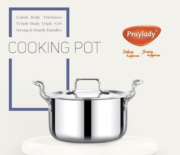 Praylady Nexon Series Triply Stock Pot with Lid | Triply Stainless Steel | Stock Pot with Lid | Size - 20 CM | Stainless Steel Lid | Suitable for All Induction & Gas Compatible | Silver