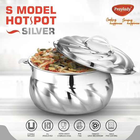 பிரேலேடி எஸ்-மாடல் ஹாட்பாட் ப்ளைன் சில்வர் | சிறந்த தோற்றத்தை அளிக்கும் எக்ஸோடிக் டிசைன் | ஸ்டீல் மூடியுடன் கூடிய இன்சுலேட்டட் ஸ்டெயின்லெஸ் ஸ்டீல் கேசரோல் | ஹாட் பாட் சர்விங் கேசரோல்கள்/சப்பாத்தி பாக்ஸ்/ஹாட் கேஸ் (3500 மிலி)