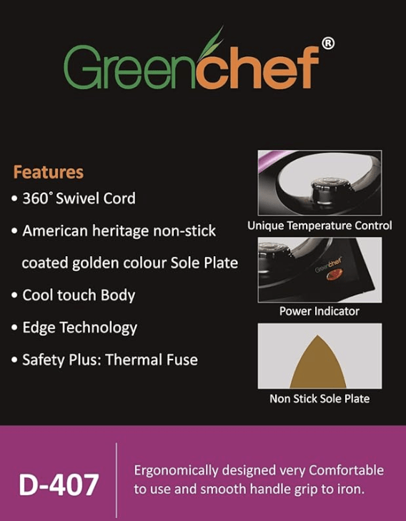 Greenchef D - 407 1000W 1000 W Dry Iron (Black)