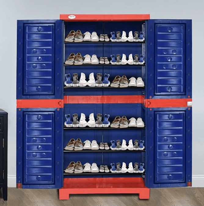 घर के लिए सुप्रीम फ्यूज़न प्लास्टिक शू रैक (मध्यम आकार, कोक लाल और नीला)