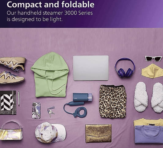 PHILIPS Handheld Garment Steamer STH3000/20 - Compact & Foldable, Convenient Vertical Steaming, 1000 Watt Quick Heat Up, up to 20g/min, Kills 99.9%* Bacteria (Reno Blue), Small