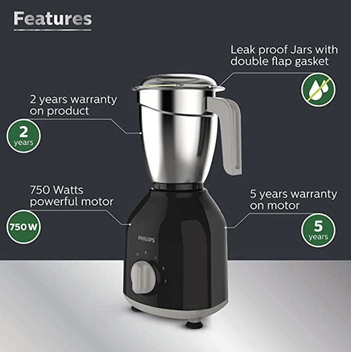Philips HL7759/00 Mixer Grinder, 750W Turbo Motor, 4 Jars (Black), Edged blade made of superior SS304 material, Quick cool ventilation for longer motor life