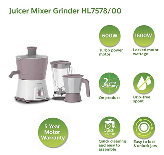 Philips HL7578/00 600W Turbo Juicer Mixer Grinder, with 1 Nutri Juicer jar, 1 Blender jar & 1 SS Multipurpose jar