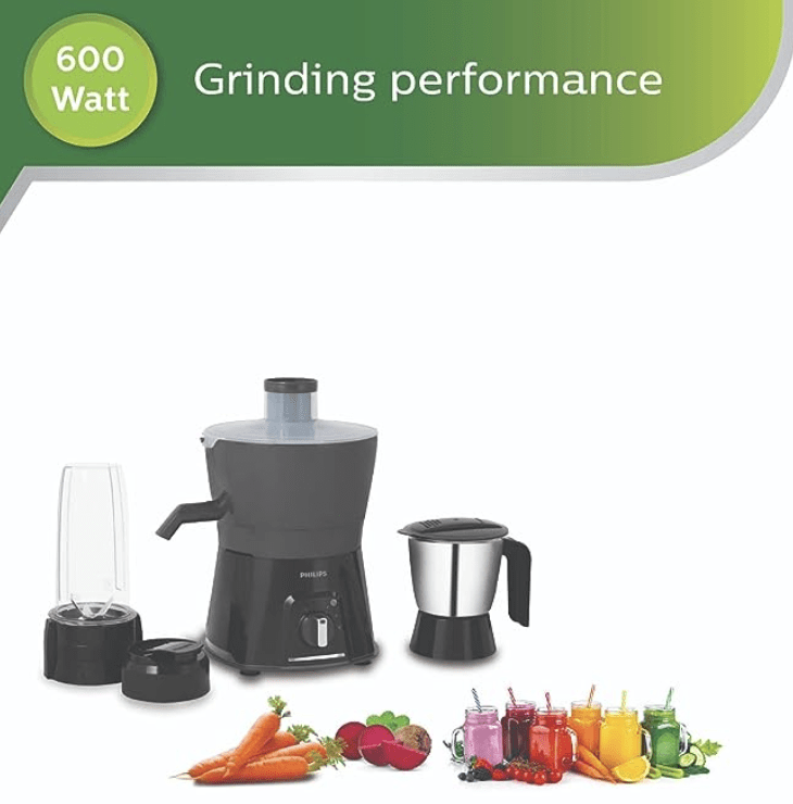 Philips HL7579/00 600W Juicer Mixer Grinder with 1 Nutri Juicer jar, 1 Blend & Carry Jar & 1 SS Multipurpose Jar