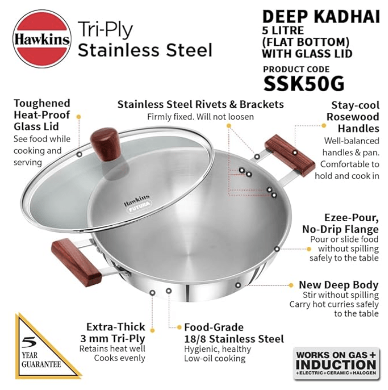 Hawkins 5 Litre Deep Kadhai, Triply Stainless Steel Kadai with Glass Lid, Flat Bottom Induction Deep Kadhai, Big Kadai, Silver (SSK50G)