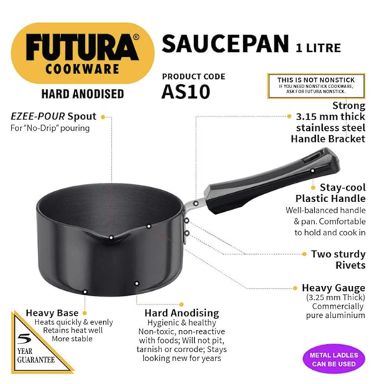 Hawkins Futura Hard Anodised Saucepan, Capacity 1 Litre, Diameter 14 cm, Thickness 3.25 mm, Black (AS10) (Aluminium)