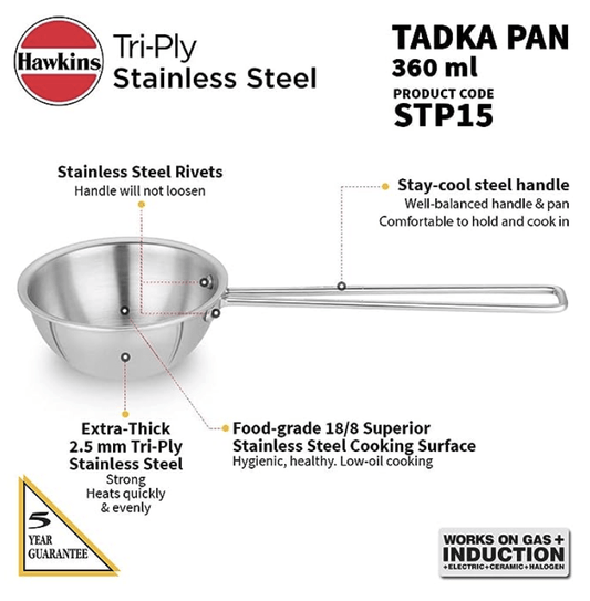 Hawkins 1.5 Cup Tadka Pan, Triply Stainless Steel Pan, Silver (STP15)