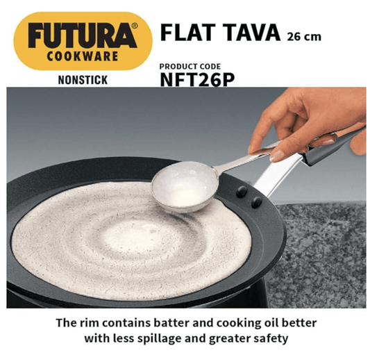 Hawkins Futura 26 cm Flat Tava, Non Stick Tawa with Plastic Handle, Tawa with Rim, Pancake Pan, Flat Pan, Black (NFT26P)