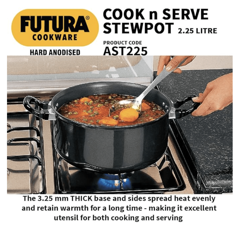 Hawkins Futura 2.25 Litre Cook n Serve Stewpot, Hard Anodised Sauce Pan with Stainless Steel Lid, Cooking Pot with Two Handles, Black (AST225)