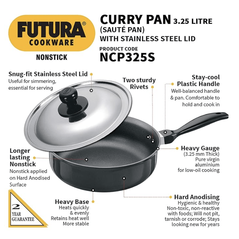 Hawkins Futura Nonstick Curry Pan (Saute Pan) 3.25 L, 24 cm, 3.25 mm with SS Lid (Black)