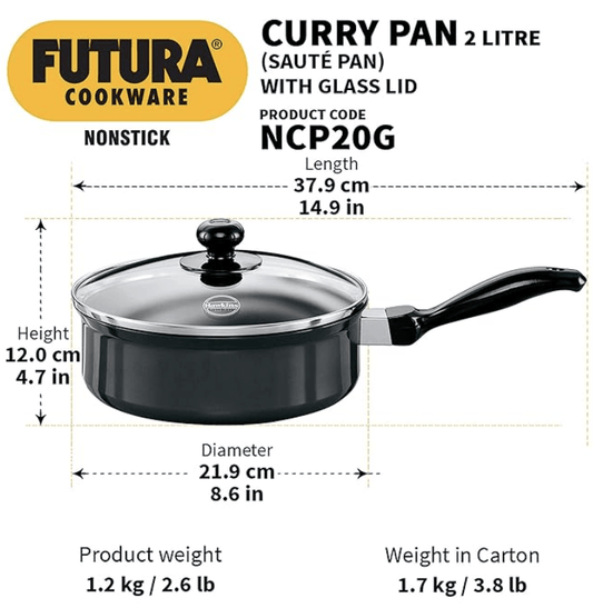 Hawkins Futura Nonstick Curry Pan (Saute Pan) 2 L, 20 cm, 3.25 mm with Glass Lid (Black)