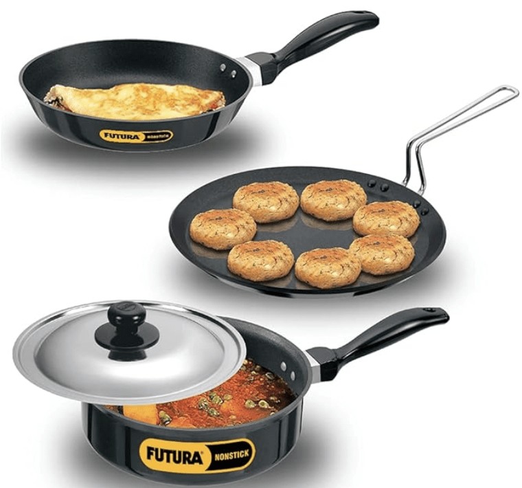 Hawkins Futura 3 Pieces Cookware Set 1 - Non Stick Flat Tava, Frying Pan and Saute Pan with One Stainless Steel Lid, Black (NSET1)