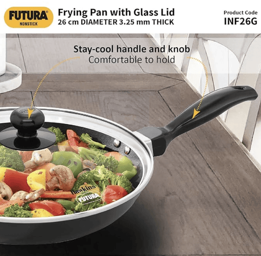 Hawkins Futura 26 cm Frying Pan, Nonstick Fry Pan with Glass Lid, Induction Non Stick Pan, Black (INF26G)