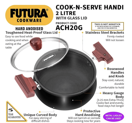 Hawkins Futura 2 Litre Cook n Serve Handi, Hard Anodised Biryani Handi with Glass Lid, Saucepan, Sauce Pan, Black (ACH20G)
