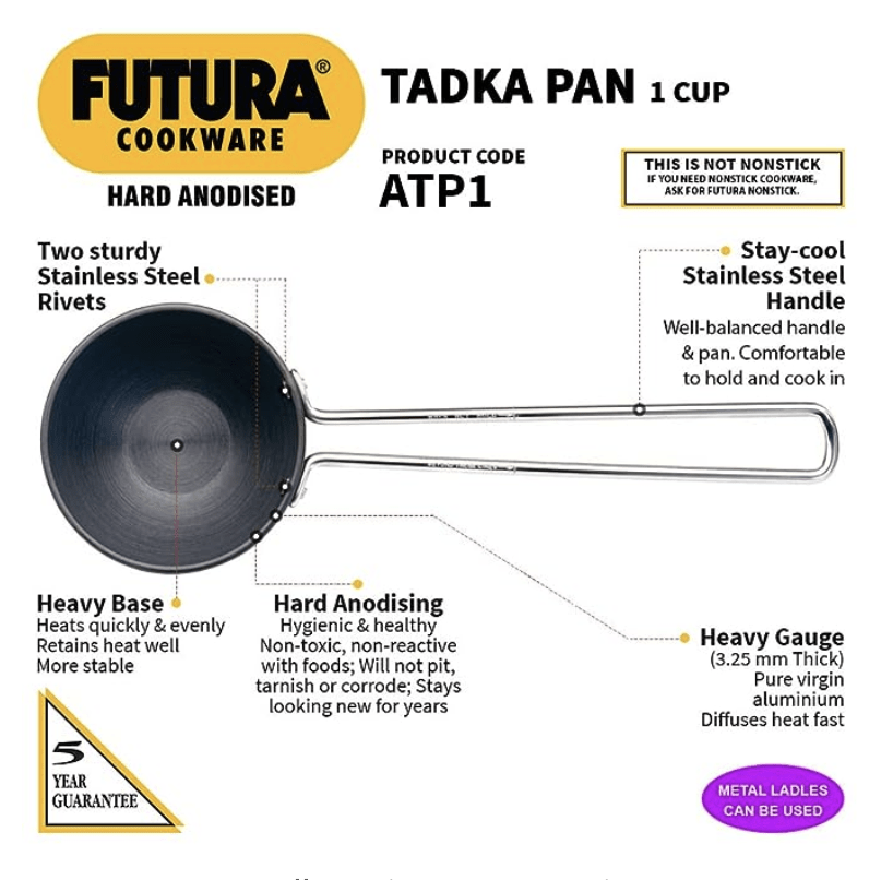 Hawkins Futura 1 Cup Tadka Pan, Hard Anodised Spice Heating Pan, 240 ml Pan, Black (ATP1)