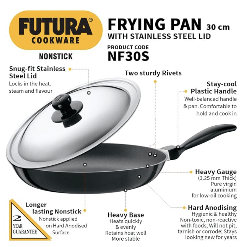 Hawkins Futura 30 cm Frying Pan, Non Stick Fry Pan with Stainless Steel Lid, Big Frying Pan, Black (NF30S)