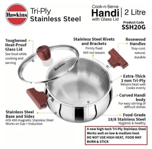 Hawkins 2 Litre Cook n Serve Handi, Triply Stainless Steel Handi with Glass Lid, Induction Sauce Pan, Biryani Handi, Saucepan, Silver (SSH20G)