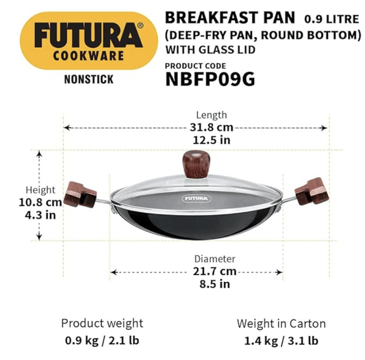 Hawkins FUTURA 0.9 Litre Breakfast Pan with Glass Lid, Nonstick Cookware, Appachatty, Chetty Pan, Appam Patra, Round Bottom Kadai, Black (NBFP09G) - 217 mm