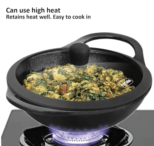 Hawkins Futura 2 Litre Cast Iron Kadhai, Naturally Nonstick Cast Iron Kadai with Glass Lid, Cast Iron Cookware for Kitchen, Black (CIK20G)
