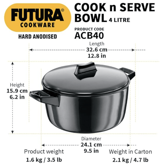 Hawkins Futura 4 Litre Cook n Serve Bowl, Hard Anodised Saucepan with Hard Anodised Lid, Sauce Pan for Cooking and Serving, Black (ACB40)