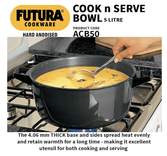 Hawkins Futura Hard Anodised Cook-n-Serve Bowl 5 L, 23 cm, 4.06 mm, Aluminium, Black