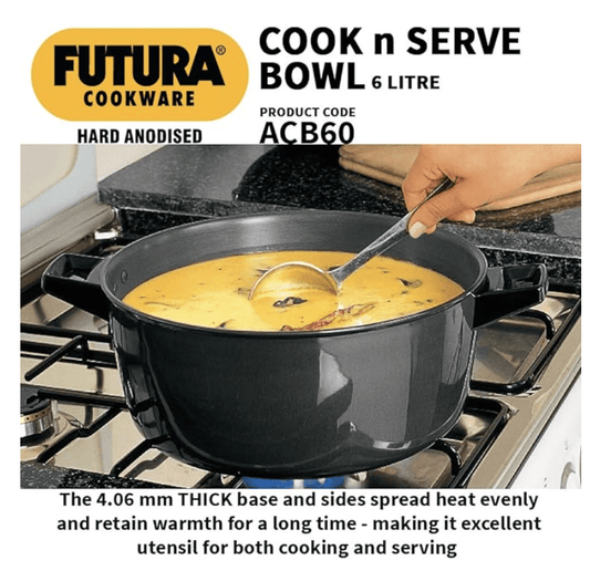 Hawkins Futura 6 Litre Cook n Serve Bowl, Hard Anodised Saucepan with Hard Anodised Lid, Sauce Pan for Cooking and Serving, Black (ACB60) (Aluminium) Visit the Hawkins Store