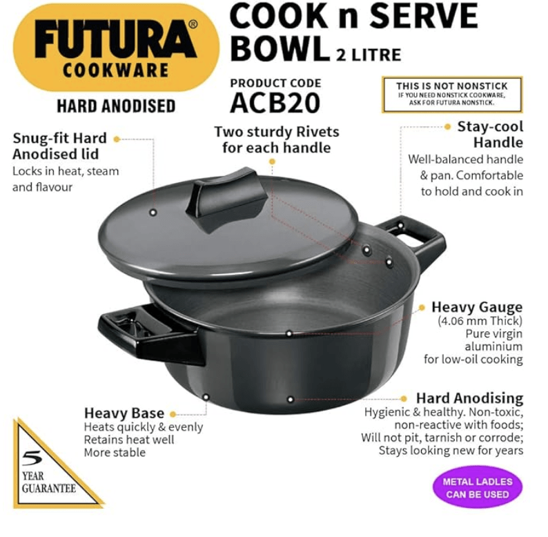 Hawkins Futura 2 Litre Cook n Serve Bowl, Hard Anodised Saucepan with Hard Anodised Lid, Sauce Pan for Cooking and Serving, Black (ACB20), Aluminium